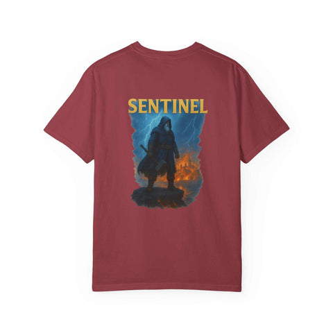 Sentinel how it began T-shirt in maroon with vintage badge design featuring a cloaked figure and lightning background
