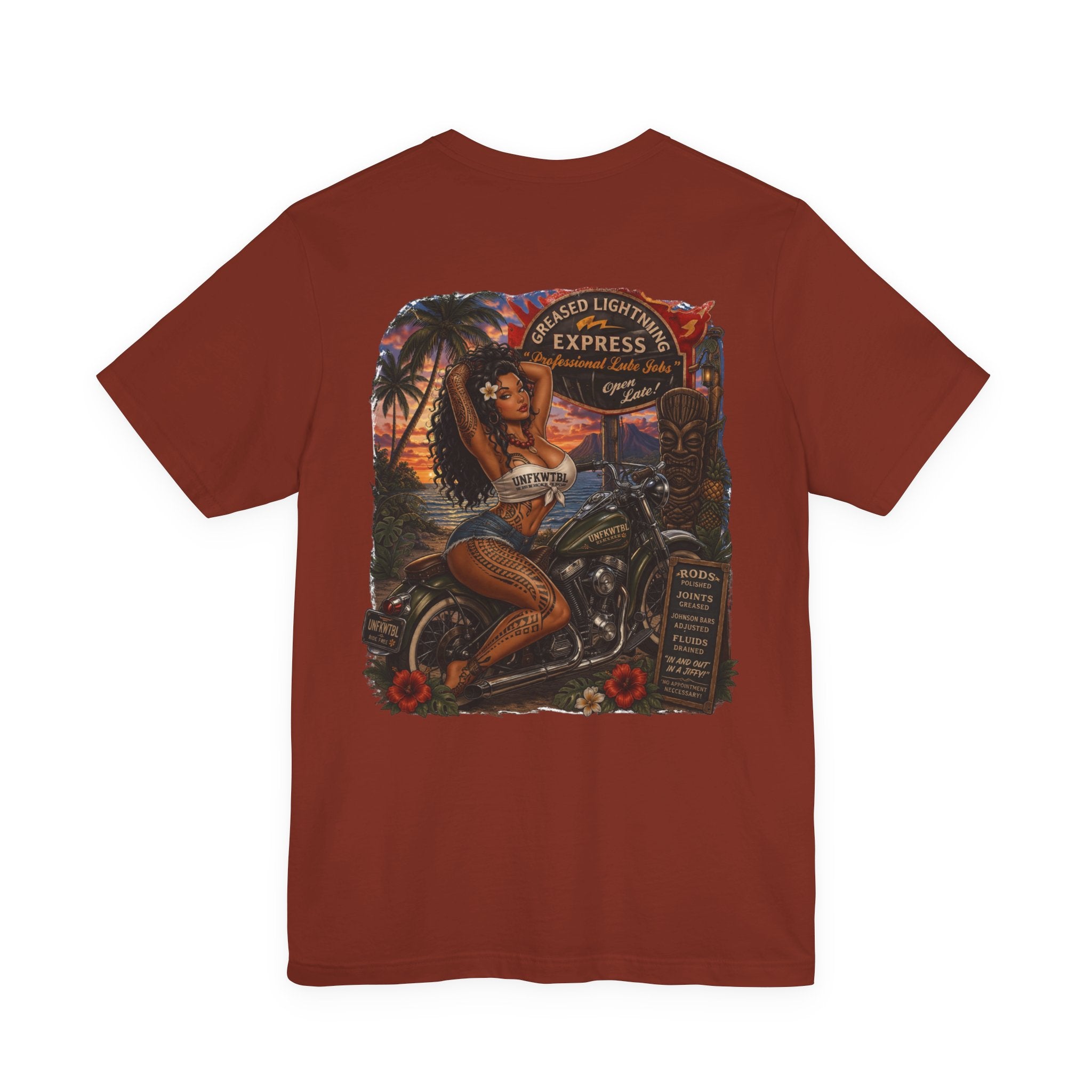 Motorcycle Pin-Up Tee — Sunset Riders Graphic T-Shirt