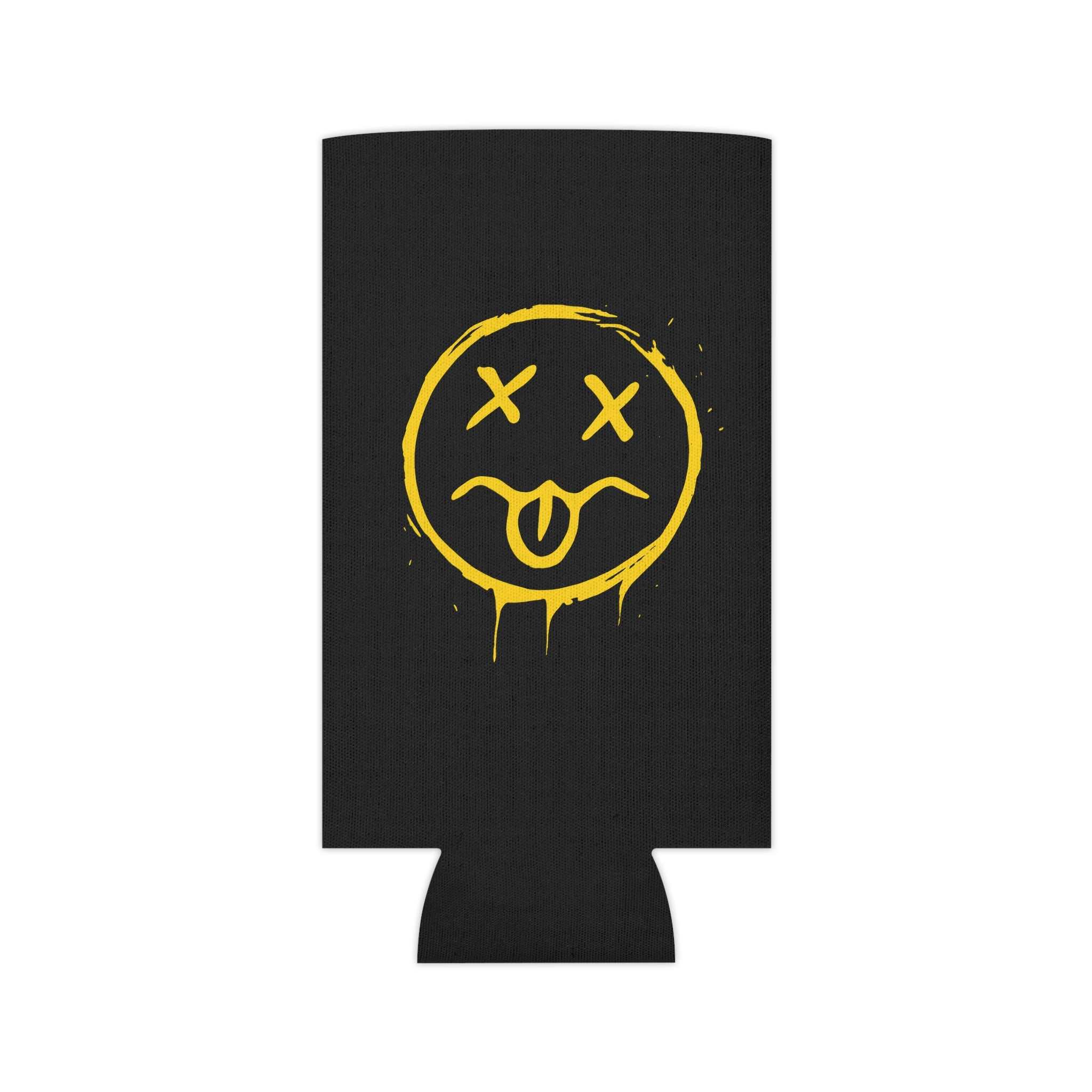 Neon Grunge Smiley Can Cooler — Yellow Drip Face Beer Koozie