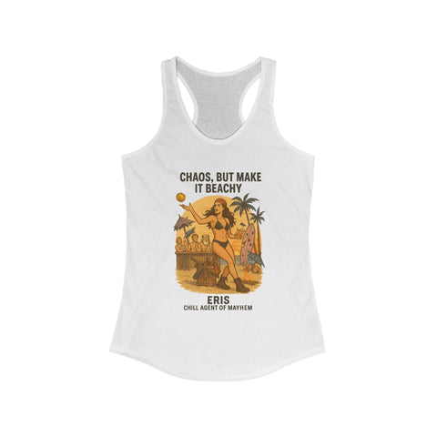 White Eris Beachy Vibe Racerback Tank with "Chaos, But Make It Beachy" graphic and beach scene illustration