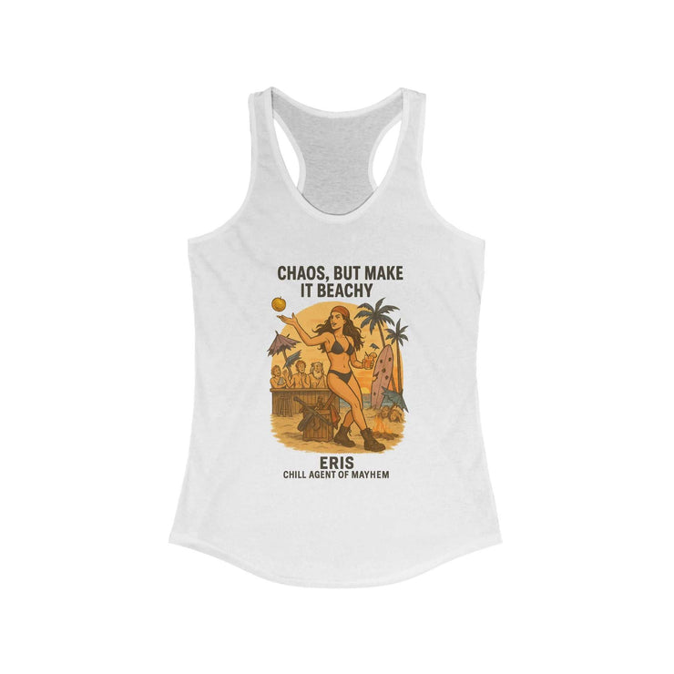 White Eris Beachy Vibe Racerback Tank with "Chaos, But Make It Beachy" graphic and beach scene illustration