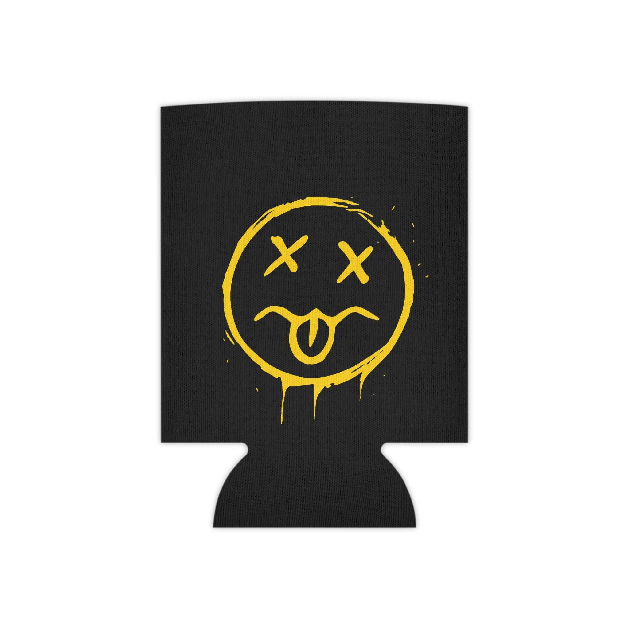 Neon Grunge Smiley Can Cooler — Yellow Drip Face Beer Koozie