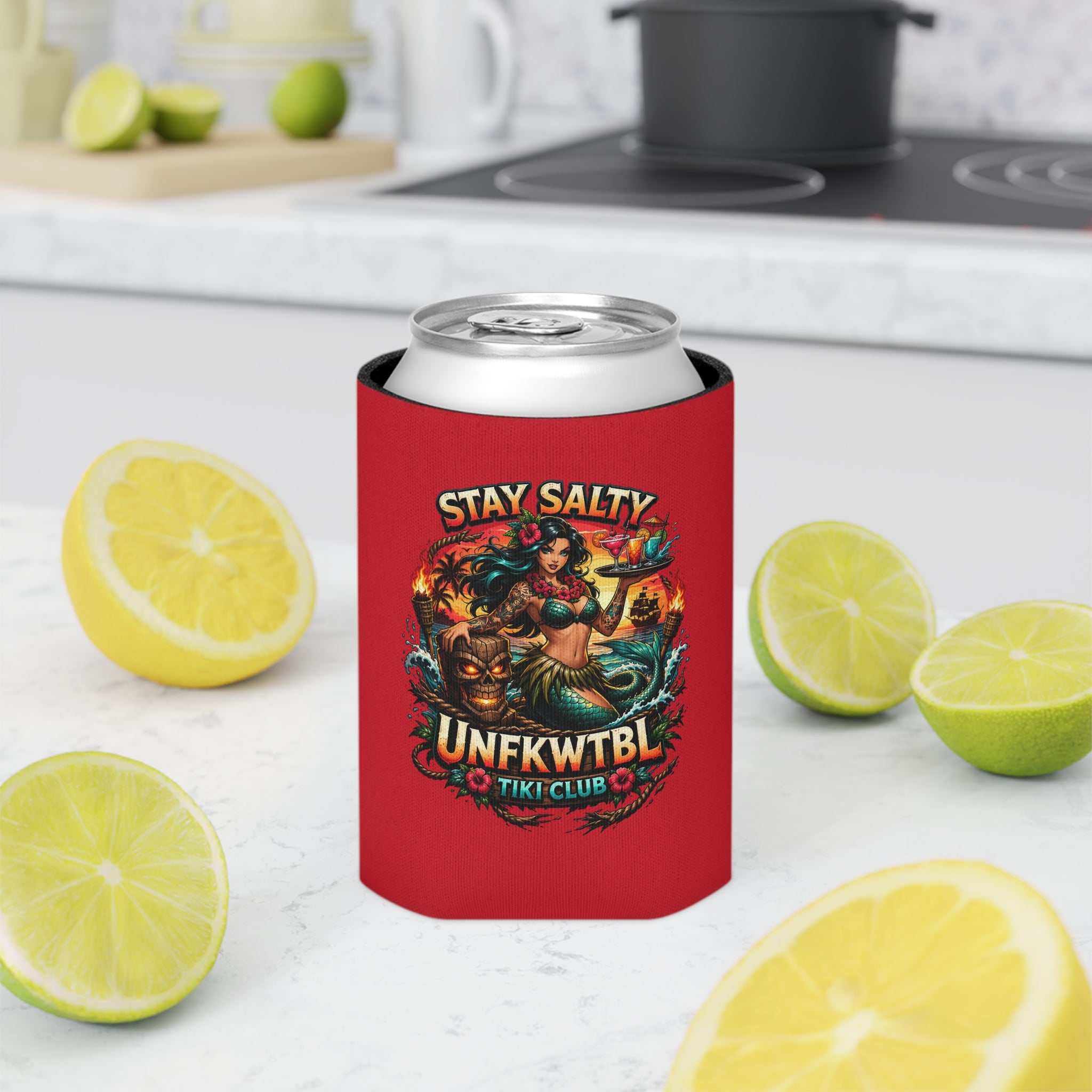 Stay Salty Tiki Can Cooler — "Stay Cold, Remain UNFKWTBL" Retro Beach Beer Koozie
