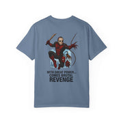 Grey unisex Revenge T-shirt featuring Jason Voorhees and Spider-Man graphic with text "With great power comes brutal revenge"
