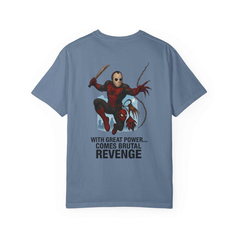 Grey unisex Revenge T-shirt featuring Jason Voorhees and Spider-Man graphic with text "With great power comes brutal revenge"