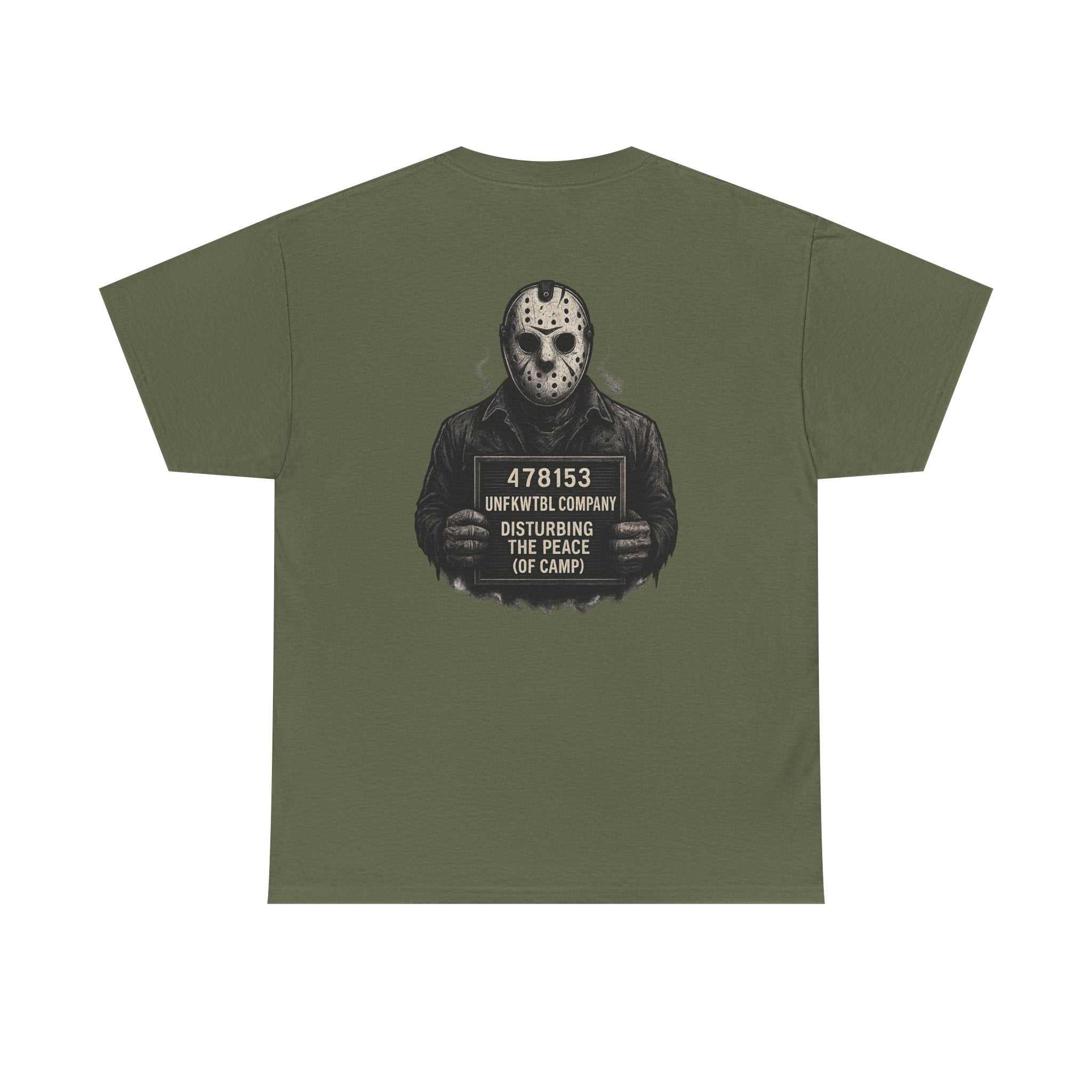 Unisex tee featuring Jason police mugshot design, heavy cotton fabric, ribbed collar, ethical production, casual dark humor style