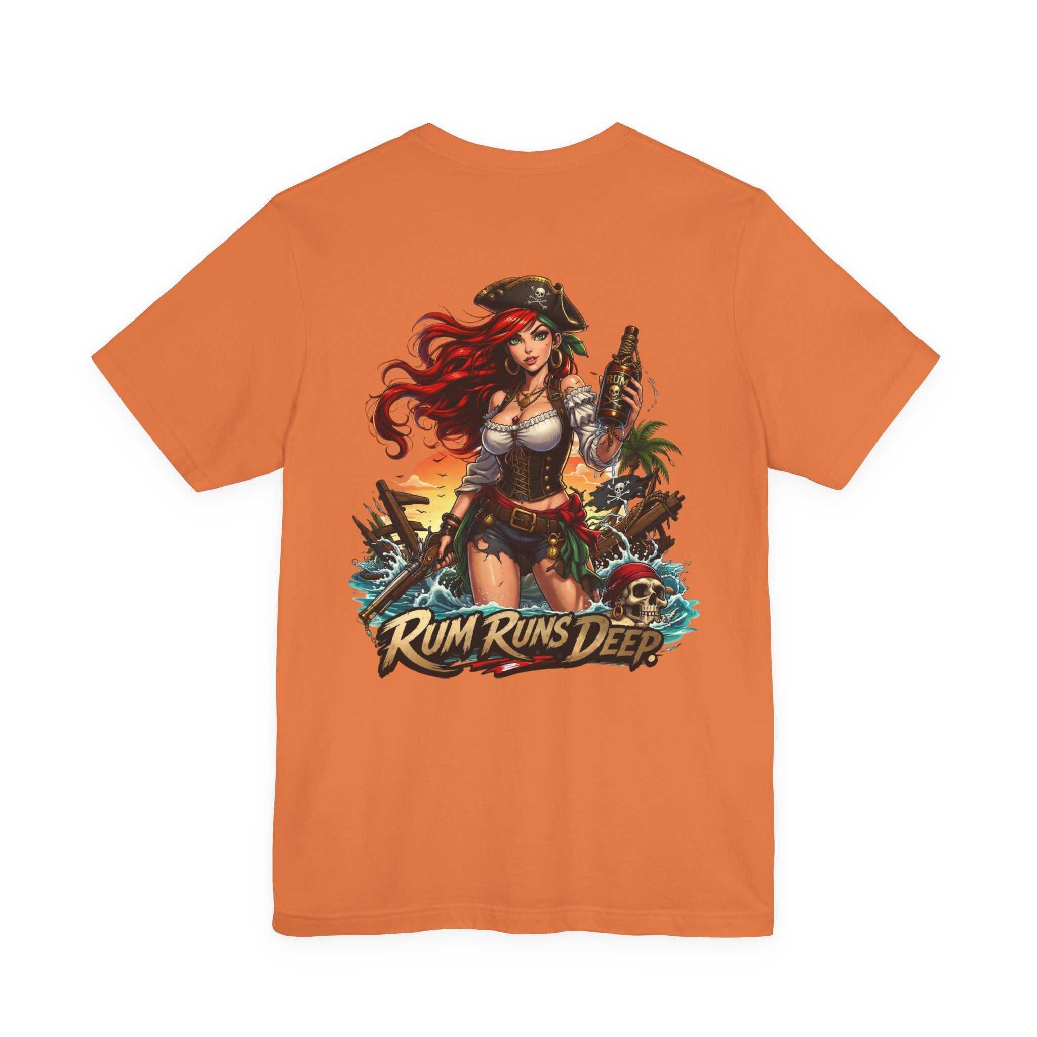 Rum Runs Deep Pirate Tee with nautical pirate graphic and bold design on lightweight cotton shirt