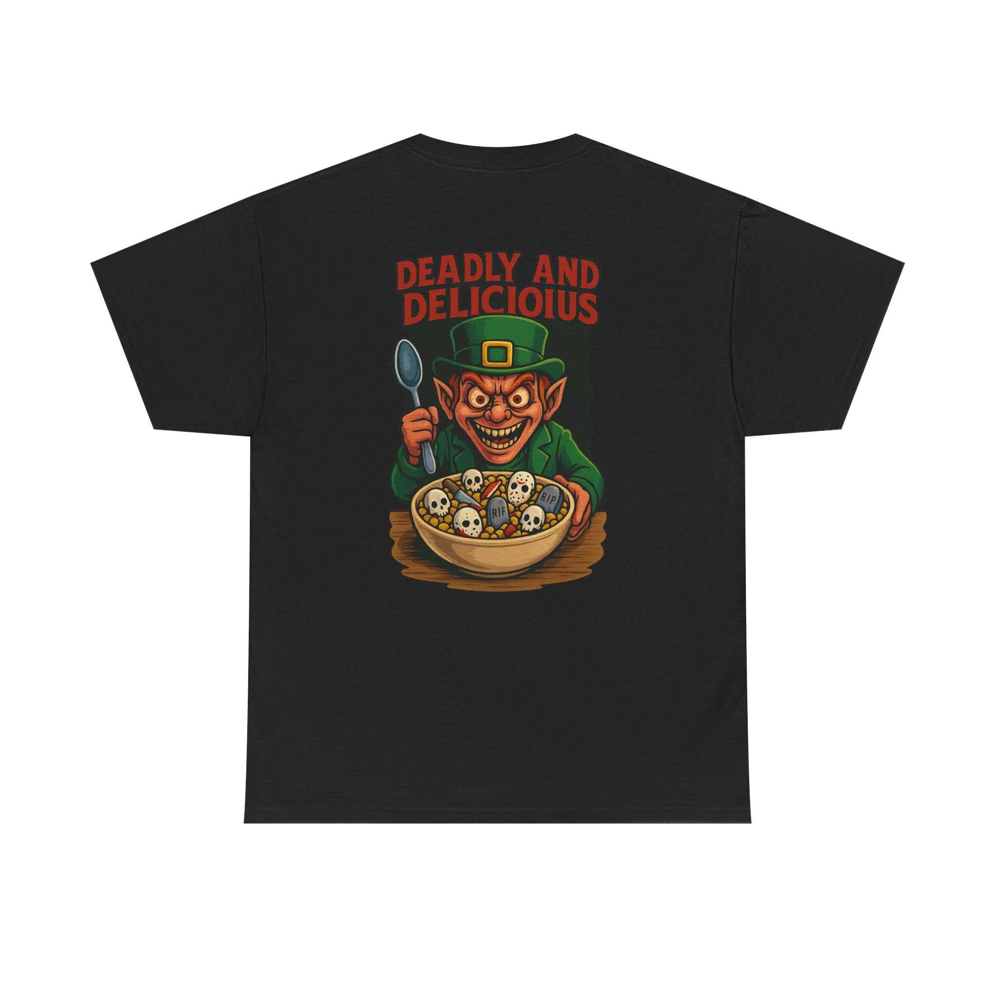 Black T-shirt with Leprechaun Horror cereal graphic design, perfect for Halloween and St. Patrick's Day fans