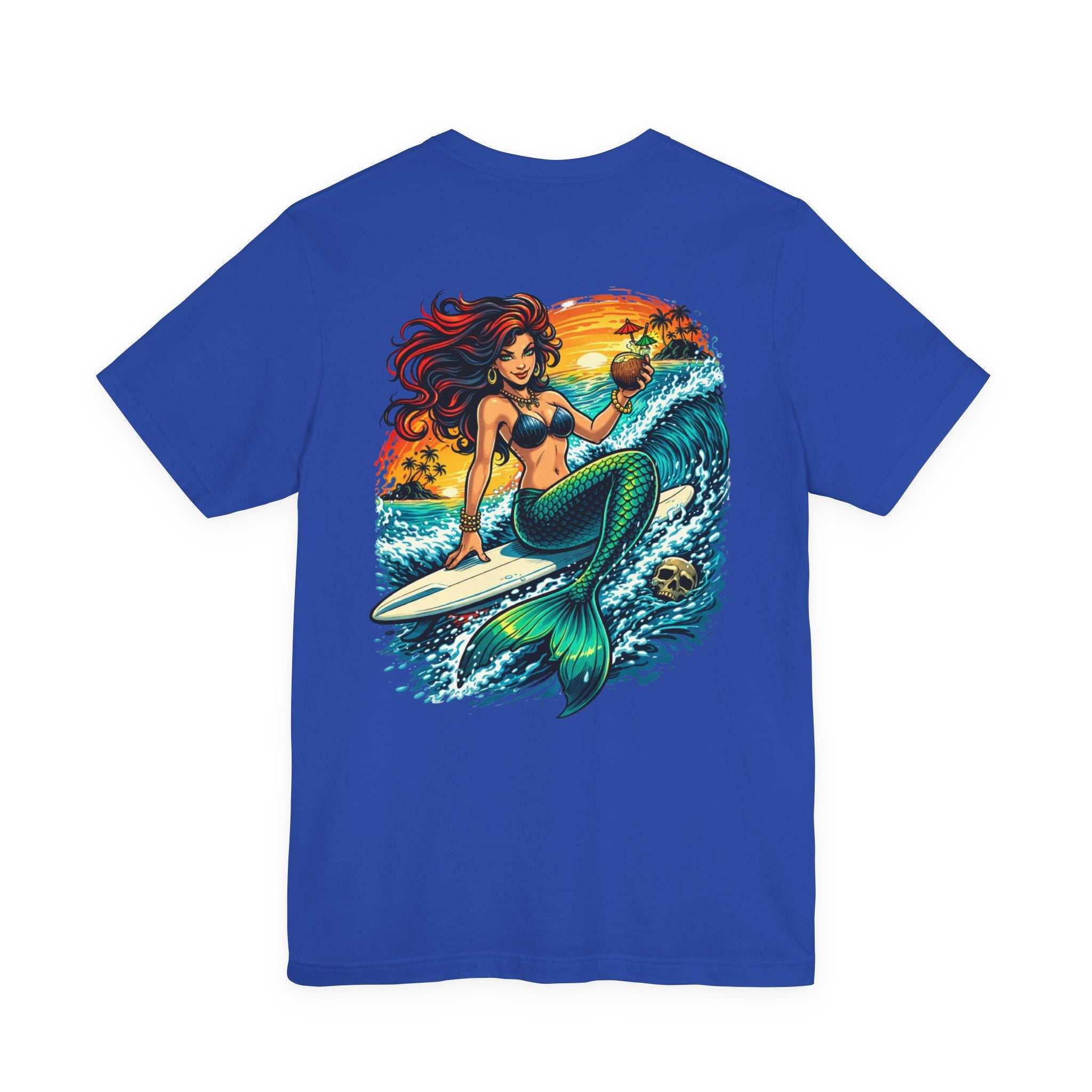Mermaid Surfer T-Shirt with vibrant retro beach surfing graphic and breathable cotton fabric