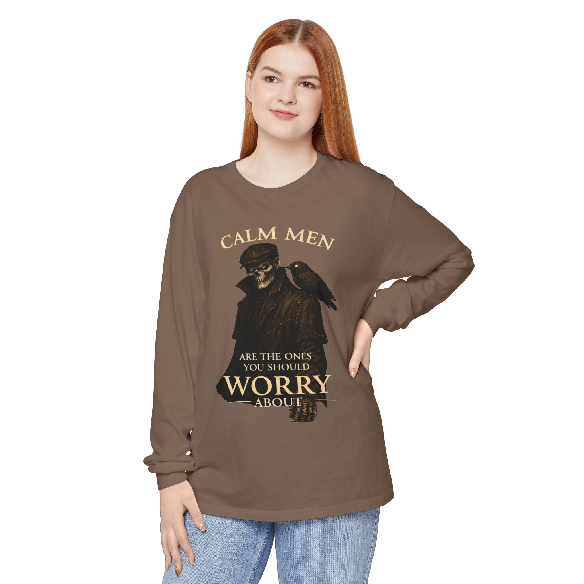 Calm Men Skull Raven Long Sleeve T-Shirt — "Calm Men Are The Ones You Should Worry About"