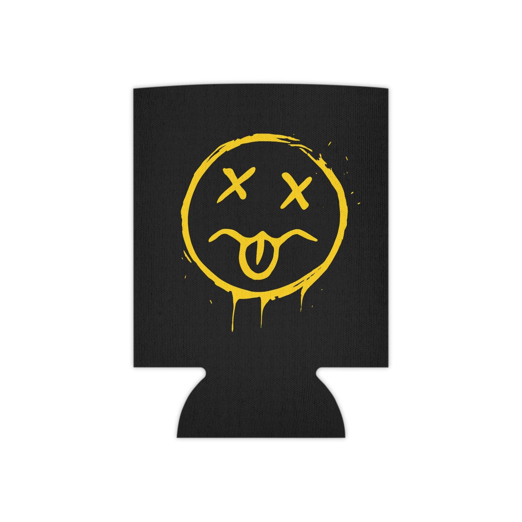 Yellow neon grunge smiley can cooler with dripping face design on black foam beer koozie