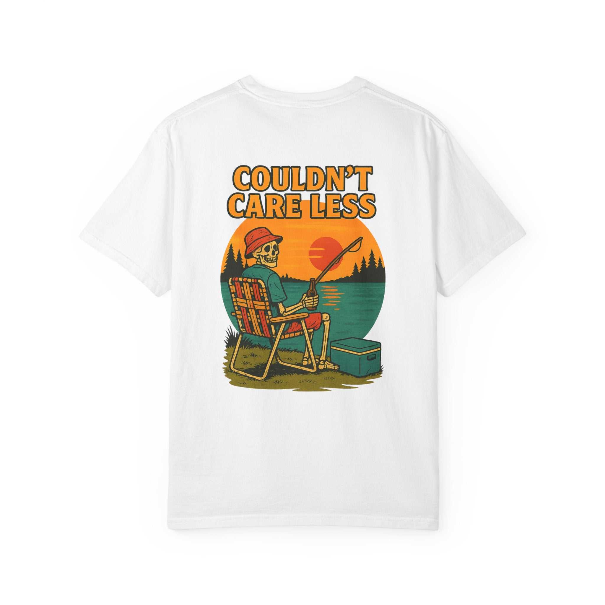 Couldn't Care Less T-Shirt — Retro Skeleton Fishing Graphic Tee