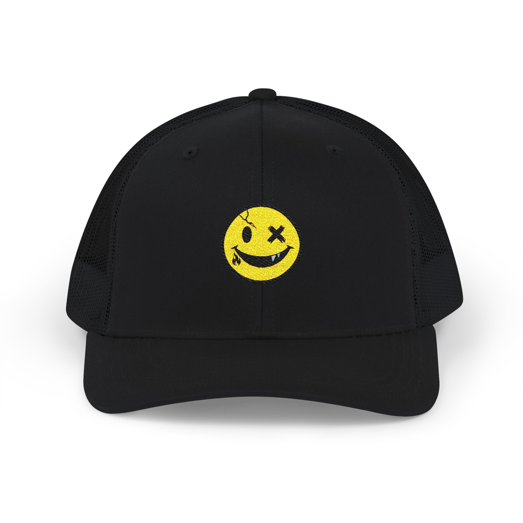 Smiley Winky Trucker Hat — Embroidered Distressed Yellow Smiley Snapback