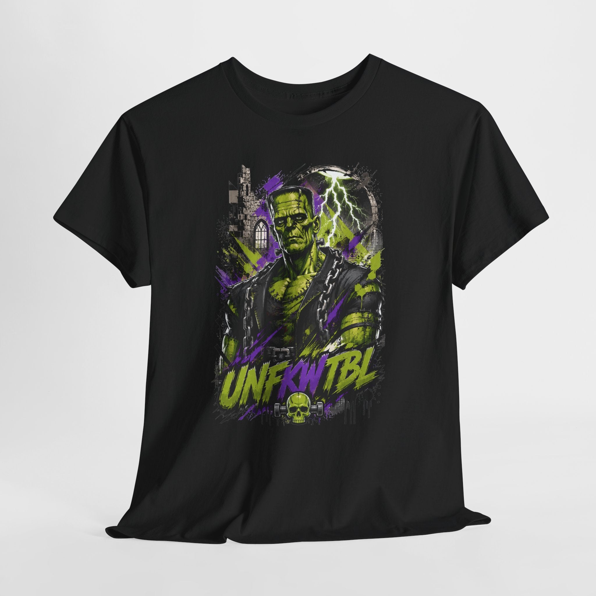 Frankenstein Monster Abstract Tee — "UNFKW TBL" Neon Horror Graphic Shirt
