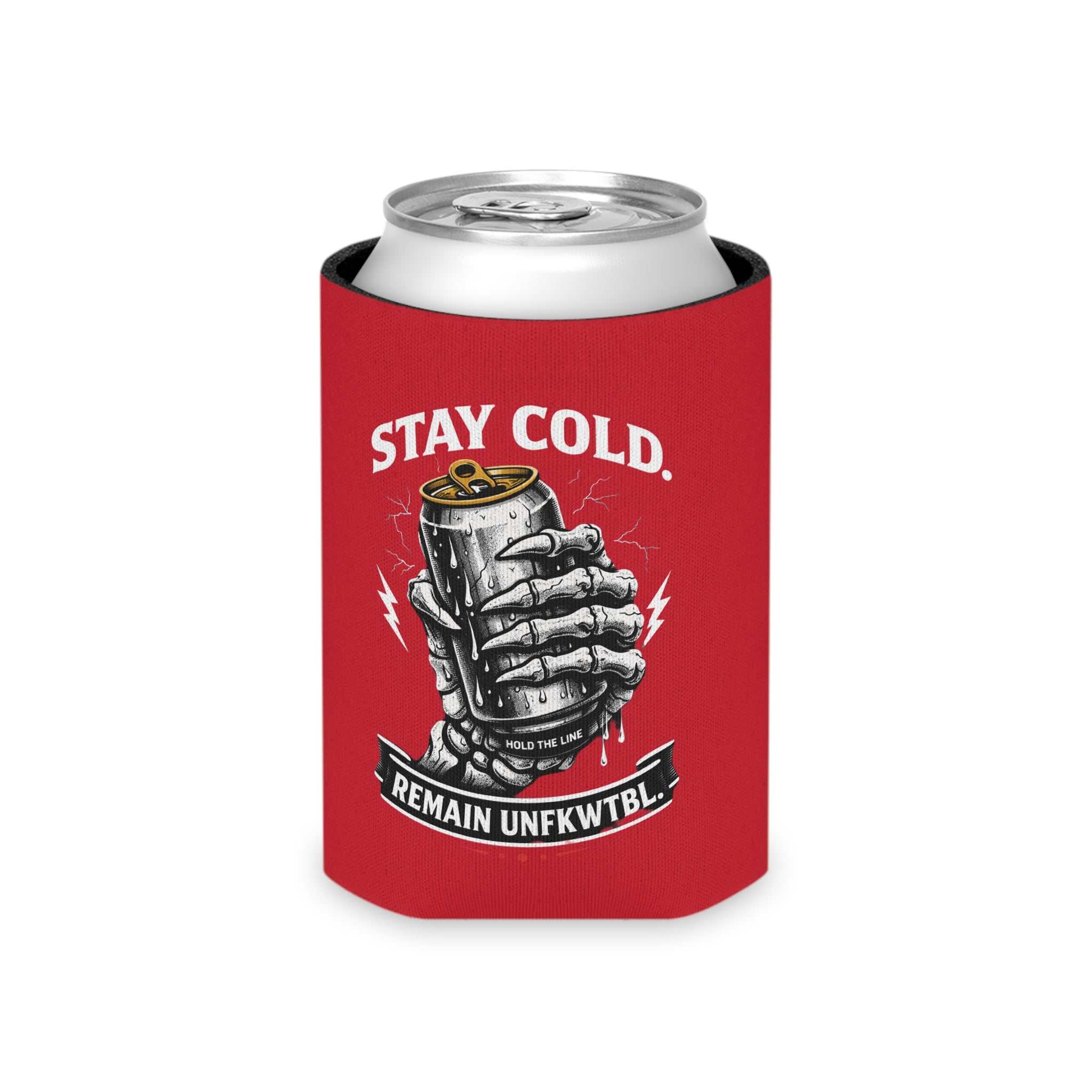 Stay Salty Tiki Can Cooler — "Stay Cold, Remain UNFKWTBL" Retro Beach Beer Koozie