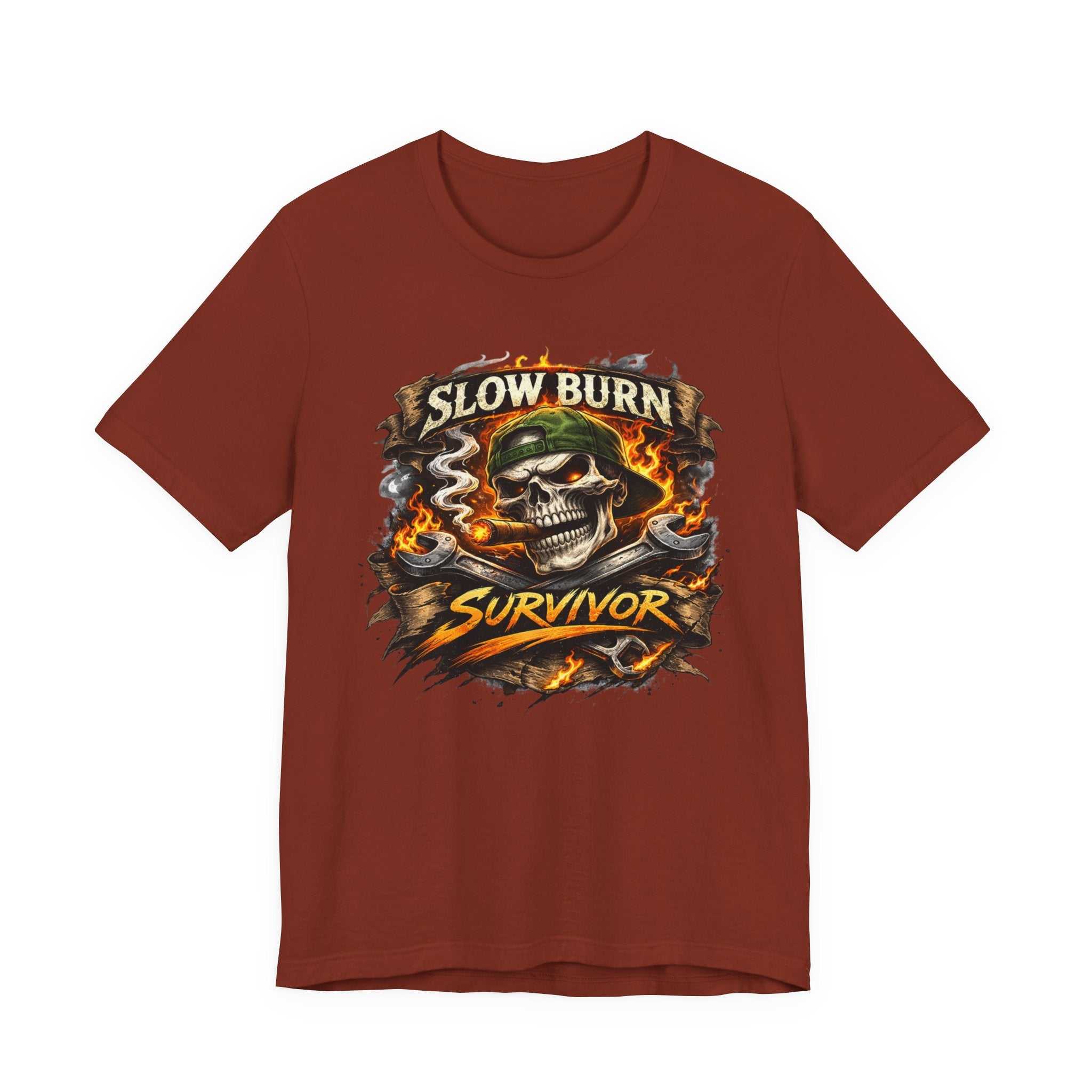 Slow Burn Survivor T‑Shirt — Skull Flame Vintage Motorcycle Tee