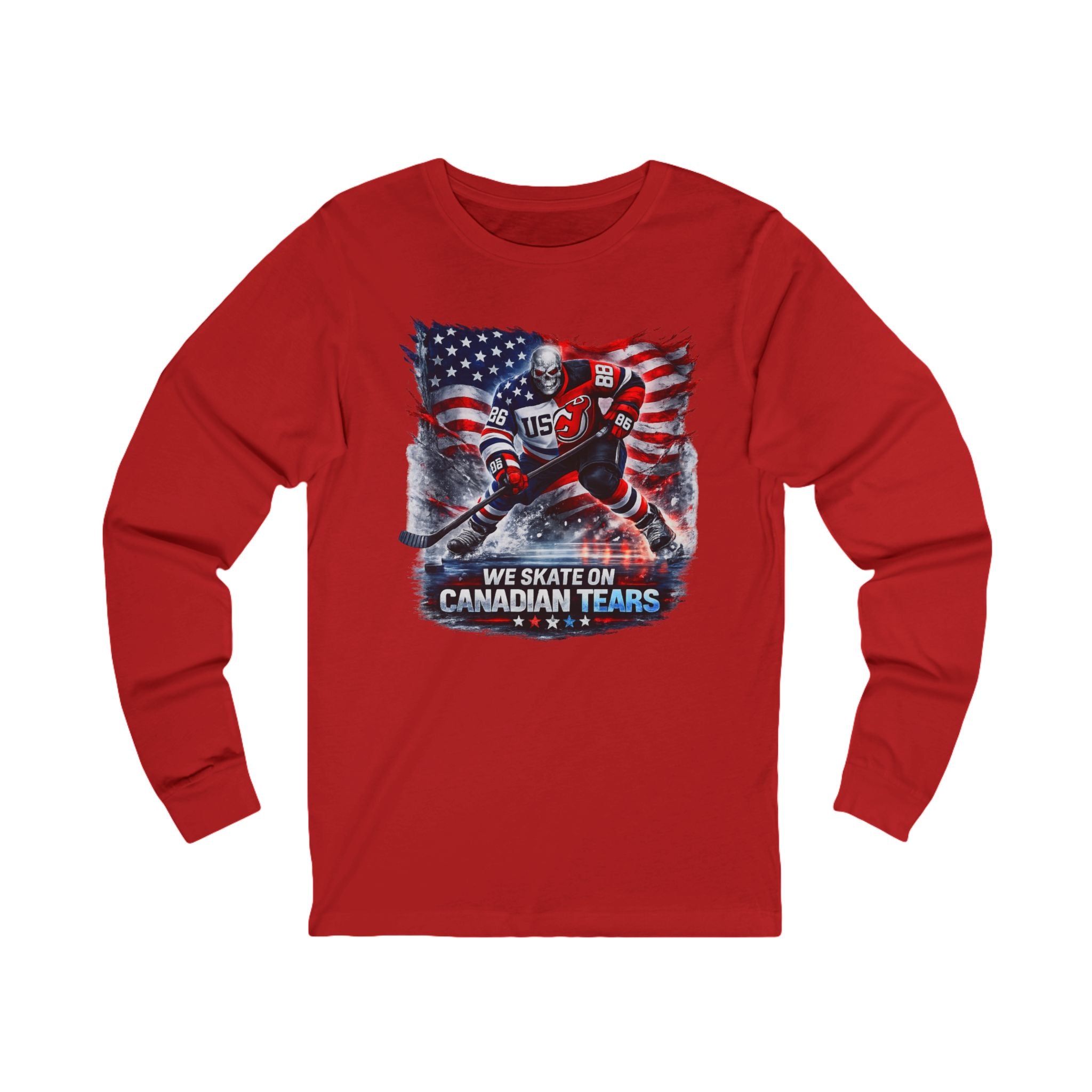 Hockey Long Sleeve Tee — We Skate on Canadian Tears (USA Flag Graphic)