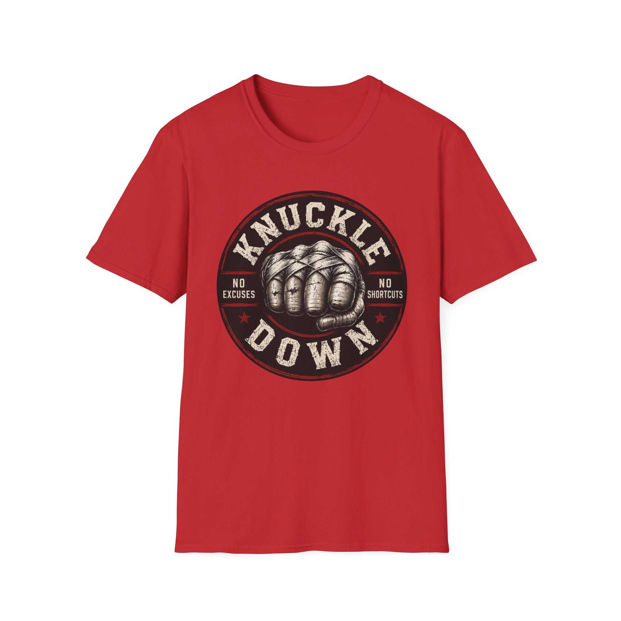 Knuckle Down Vintage Fist Design T-shirt with distressed knuckle graphic and bold text on soft cotton material
