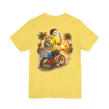 Retro Cruise Chill Kill T-Shirt featuring Michael Myers on beach bike with palm trees and vintage surf vibe