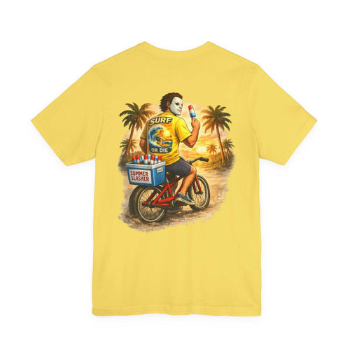 Retro Cruise Chill Kill T-Shirt featuring Michael Myers on beach bike with palm trees and vintage surf vibe