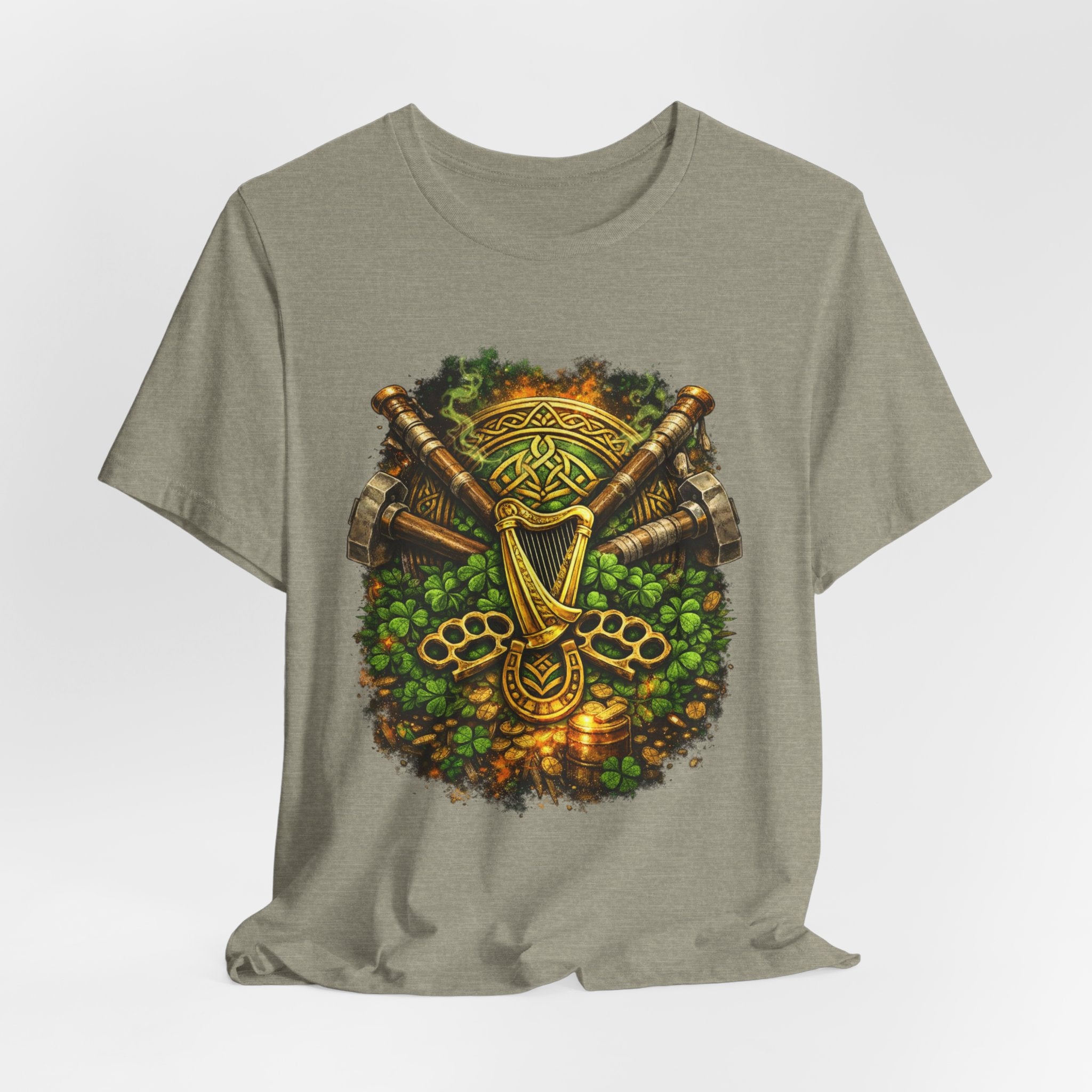 Celtic Harp & Axes T-Shirt — Irish Viking Shamrock Design