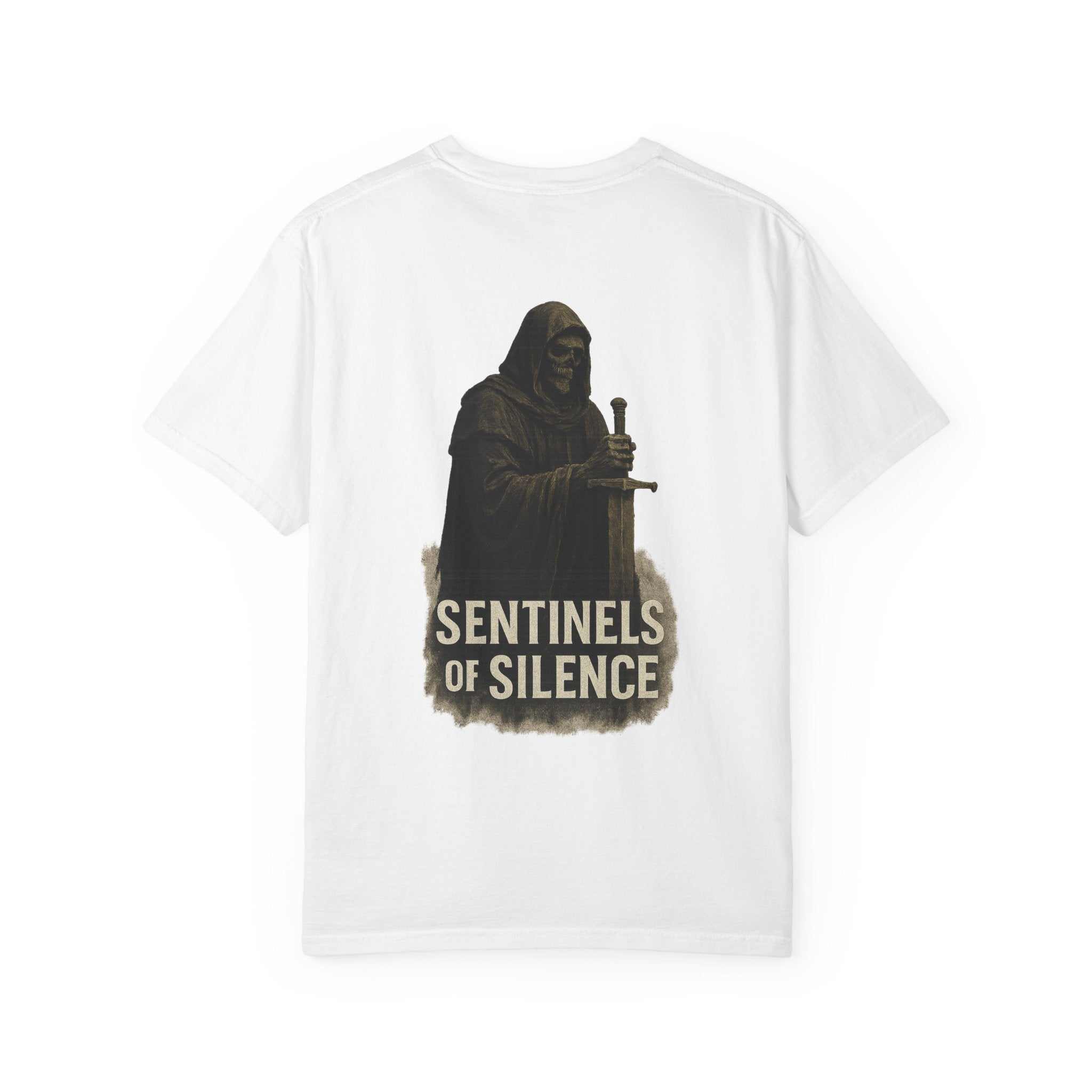 White Sentinels of Silence unisex T-shirt with hooded figure holding sword graphic and text design