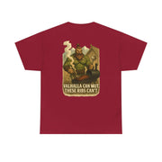 Thorgar Bbq Valhalla unisex heavy cotton tee with funny Viking BBQ graphic and "Valhalla Can Wait These Ribs Can't" text in red color