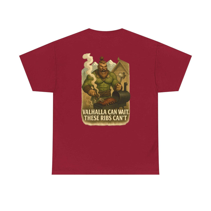 Thorgar Bbq Valhalla unisex heavy cotton tee with funny Viking BBQ graphic and "Valhalla Can Wait These Ribs Can&