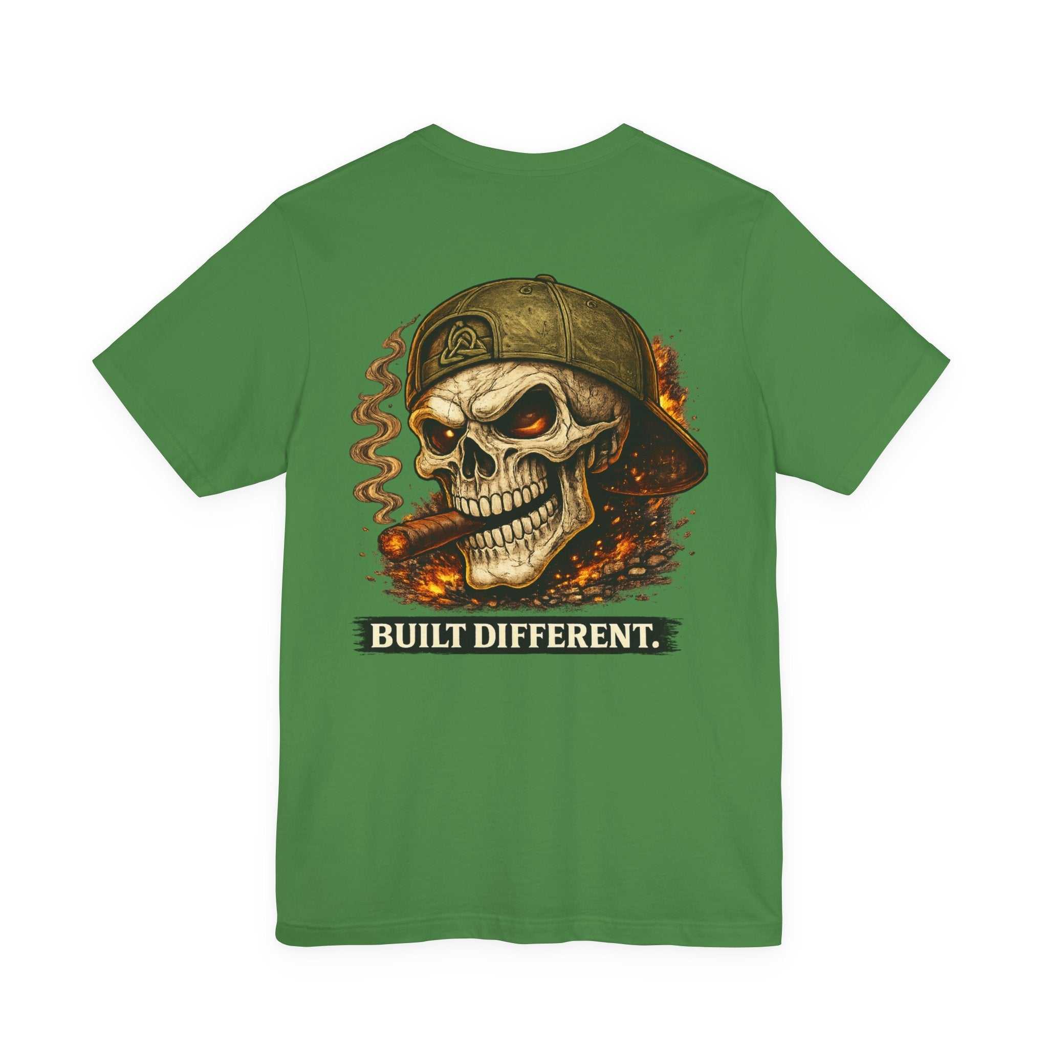 Built Different Skull Tee with bold biker skull graphic and "BUILT DIFFERENT" text on black cotton t-shirt.