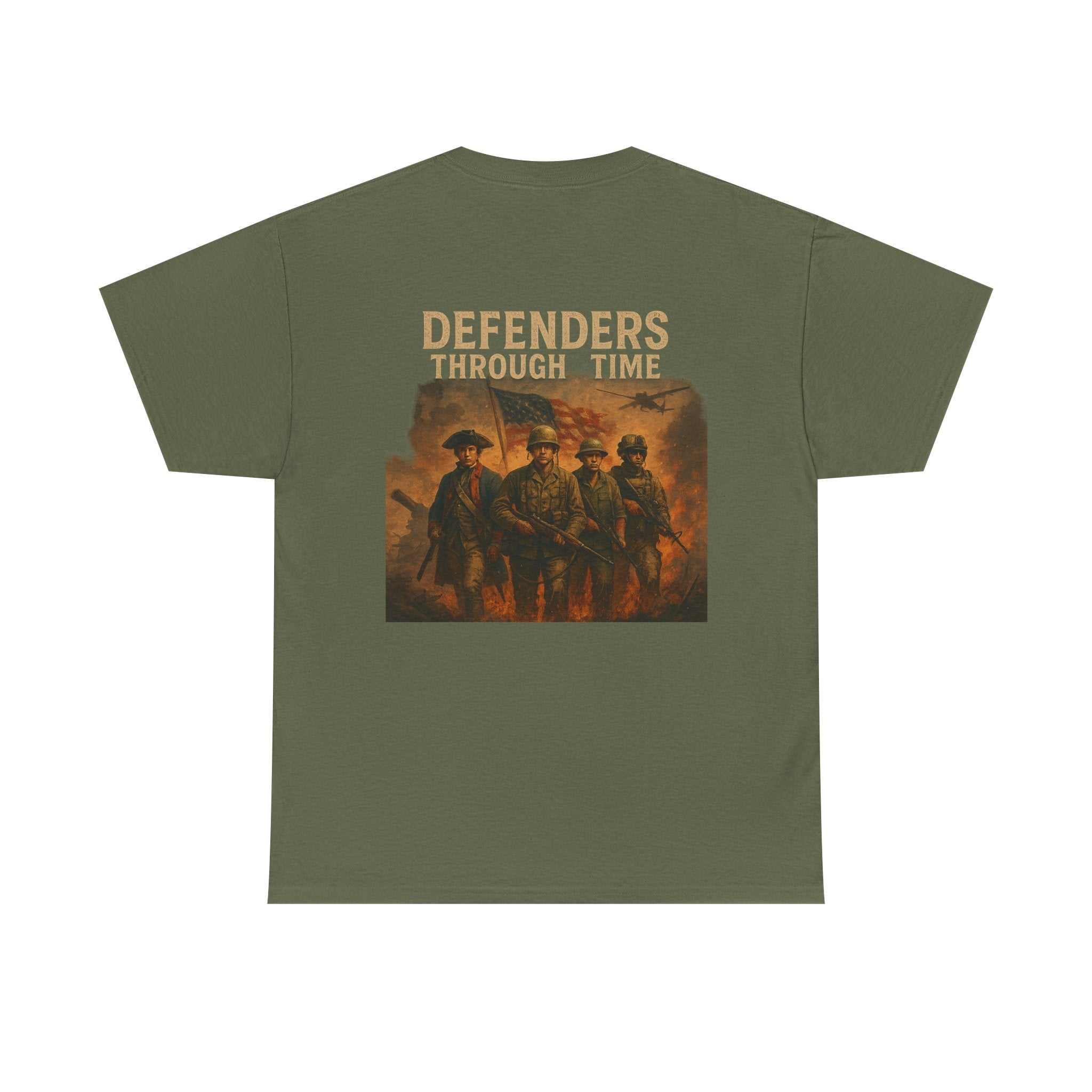 Black vintage military history t-shirt with Defenders Through Time back print and subtle chest mark, symbolizing American strength and brotherhood