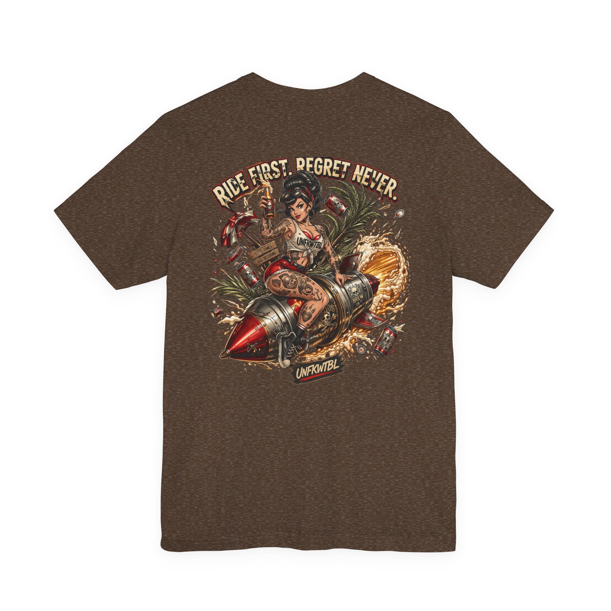 Ride First Regret Never Tee — Vintage Pinup Bomb Girl Motorcycle Graphic Shirt