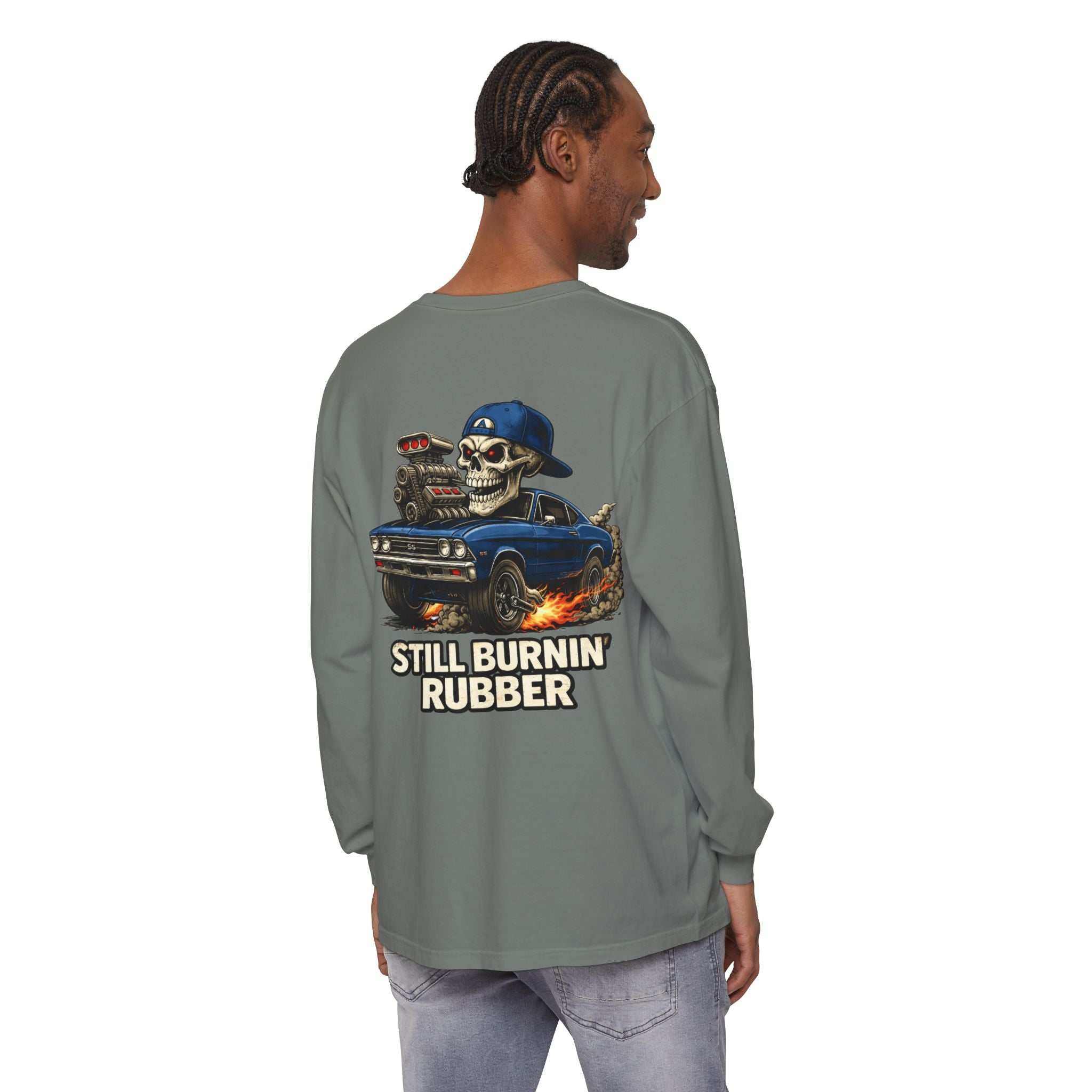 Still Burnin' Rubber Long Sleeve Tee — Retro Skull Muscle Car Graphic