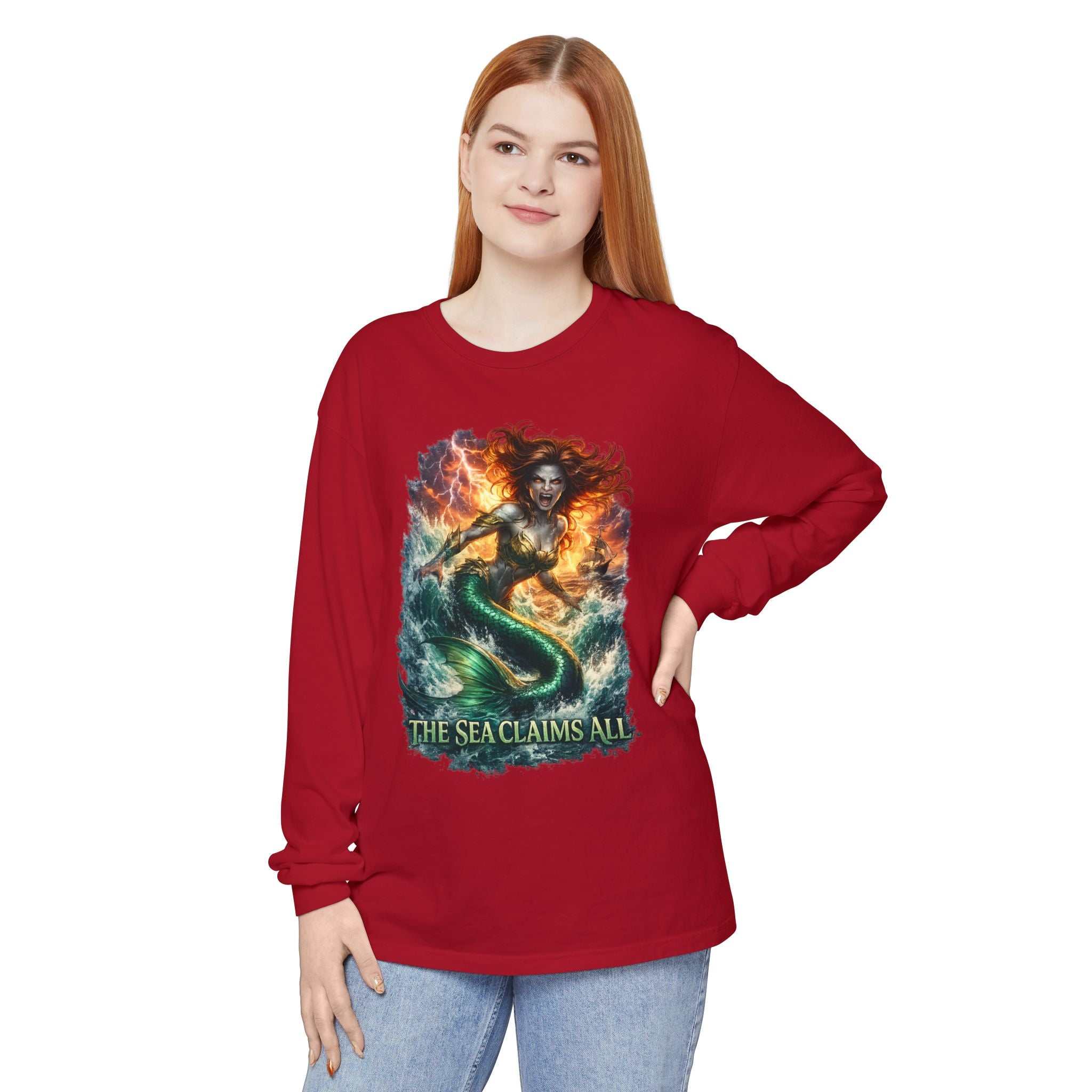 Mermaid Graphic Long Sleeve Tee — "The Sea Claims All" Nautical Fantasy Shirt