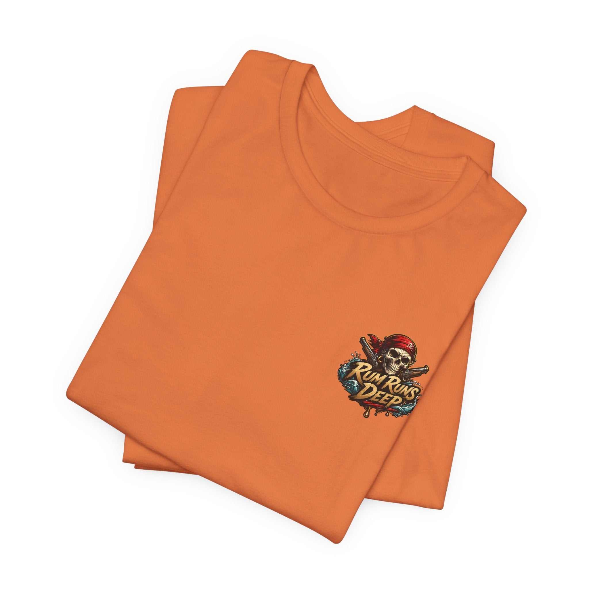 Rum Runs Deep Pirate Tee with nautical graphic and bold text on lightweight cotton shirt