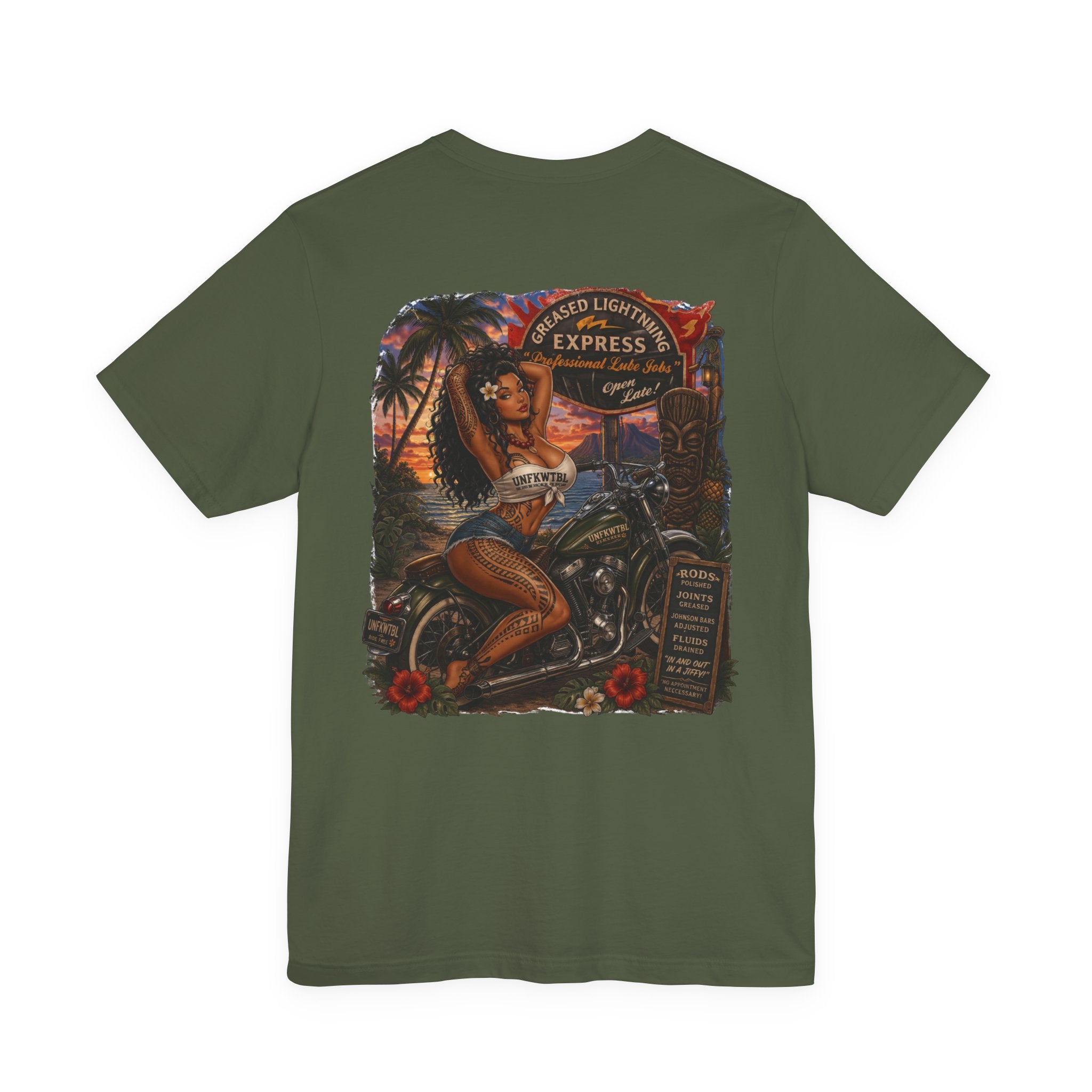 Motorcycle Pin-Up Tee — Sunset Riders Graphic T-Shirt