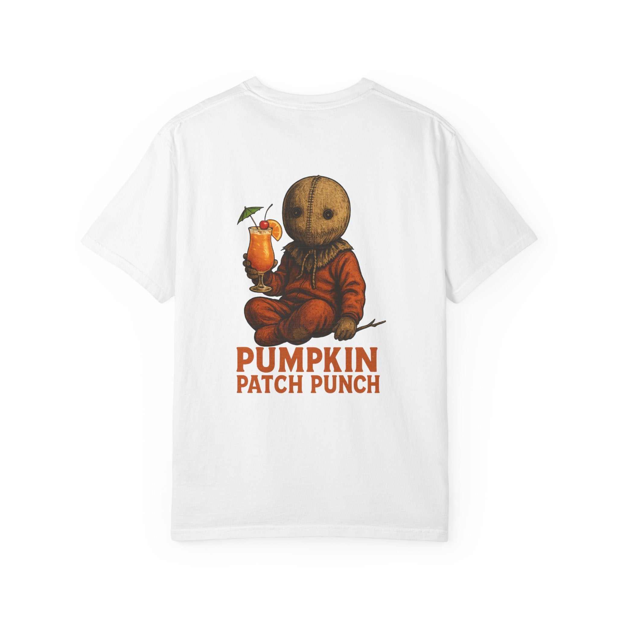 White unisex Halloween t-shirt with vintage spooky pumpkin punch graphic and text pumpkin patch punch on back