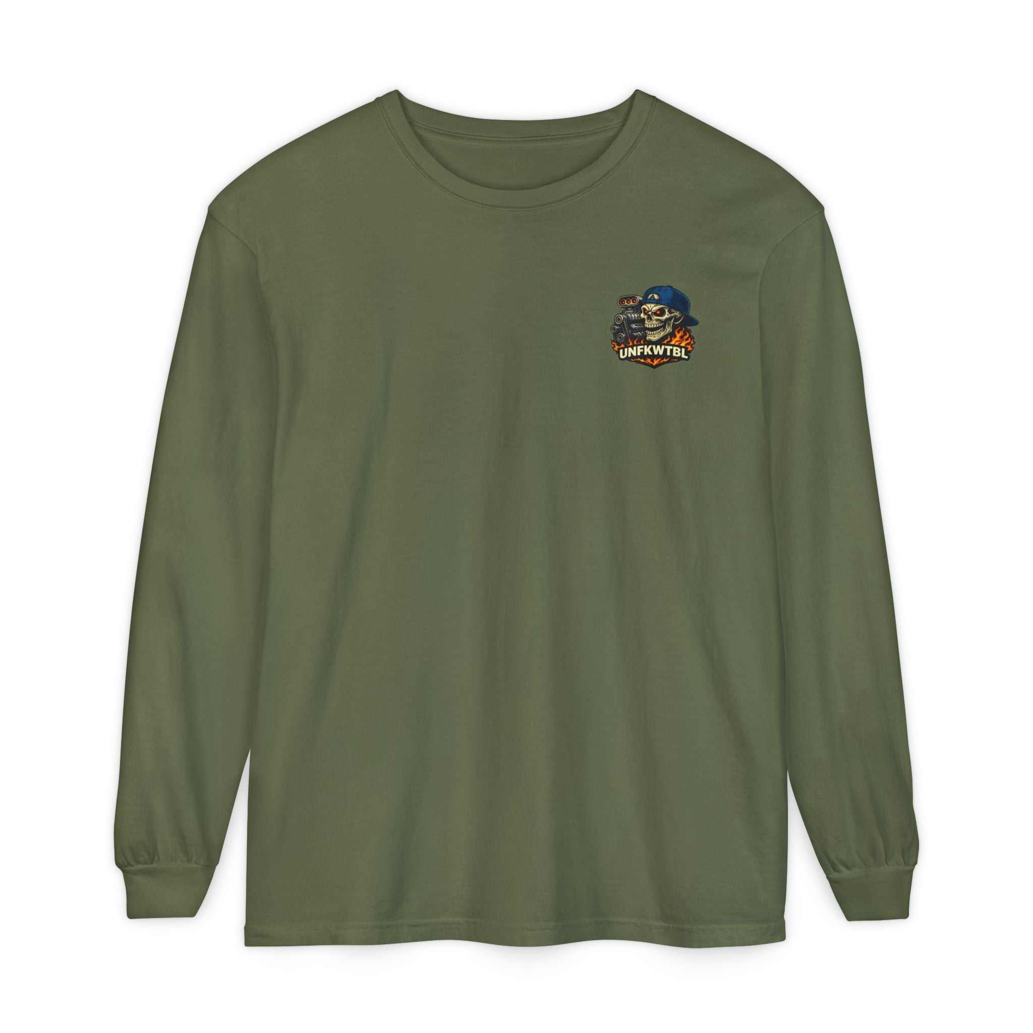 Still Burnin' Rubber Long Sleeve Tee — Retro Skull Muscle Car Graphic
