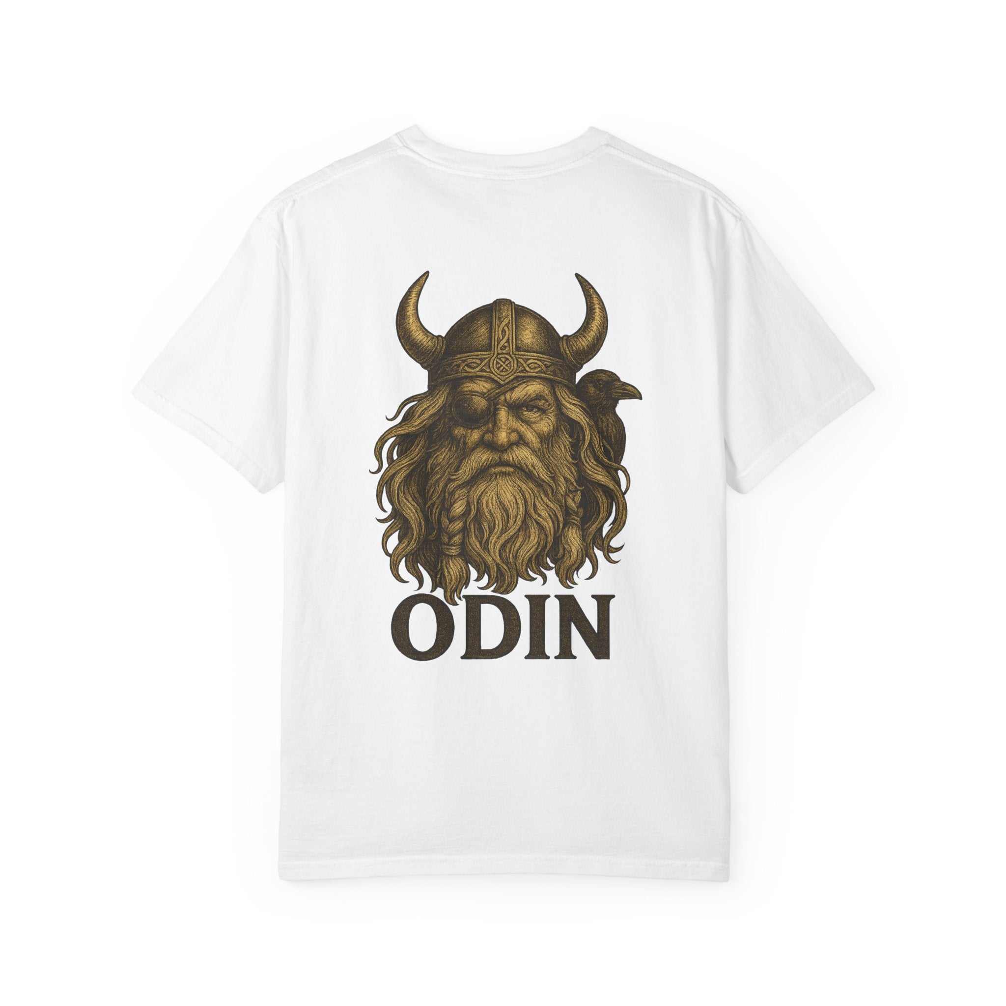 White unisex t-shirt featuring Odin All Father graphic with horned helmet and beard design
