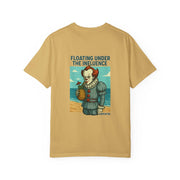 Unisex beige t-shirt with humorous Pennywise graphic holding pineapple on beach with text "Floating under the influence"
