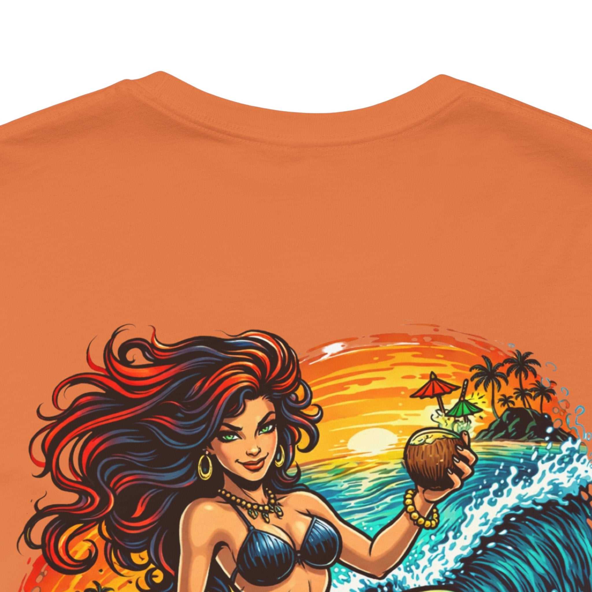 Mermaid Surfer T-Shirt with retro beach surfing graphic and vibrant ocean art