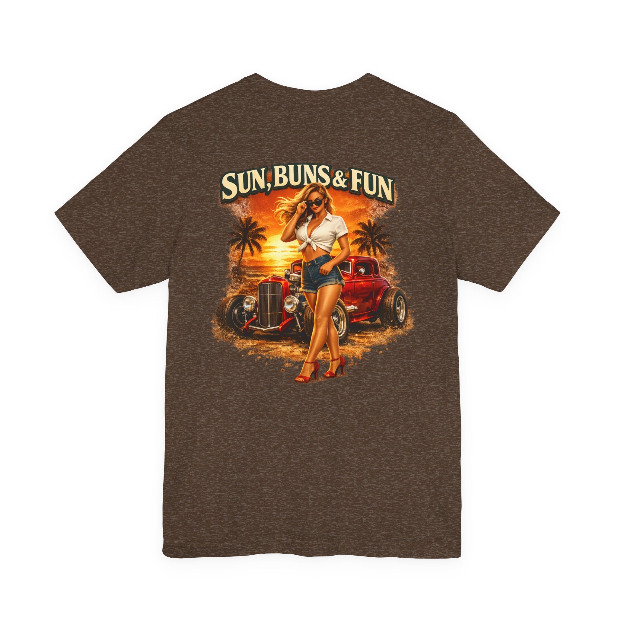 Sun, Buns & Fun Retro Pinup Tee – Vintage Hot Rod Beach T-Shirt