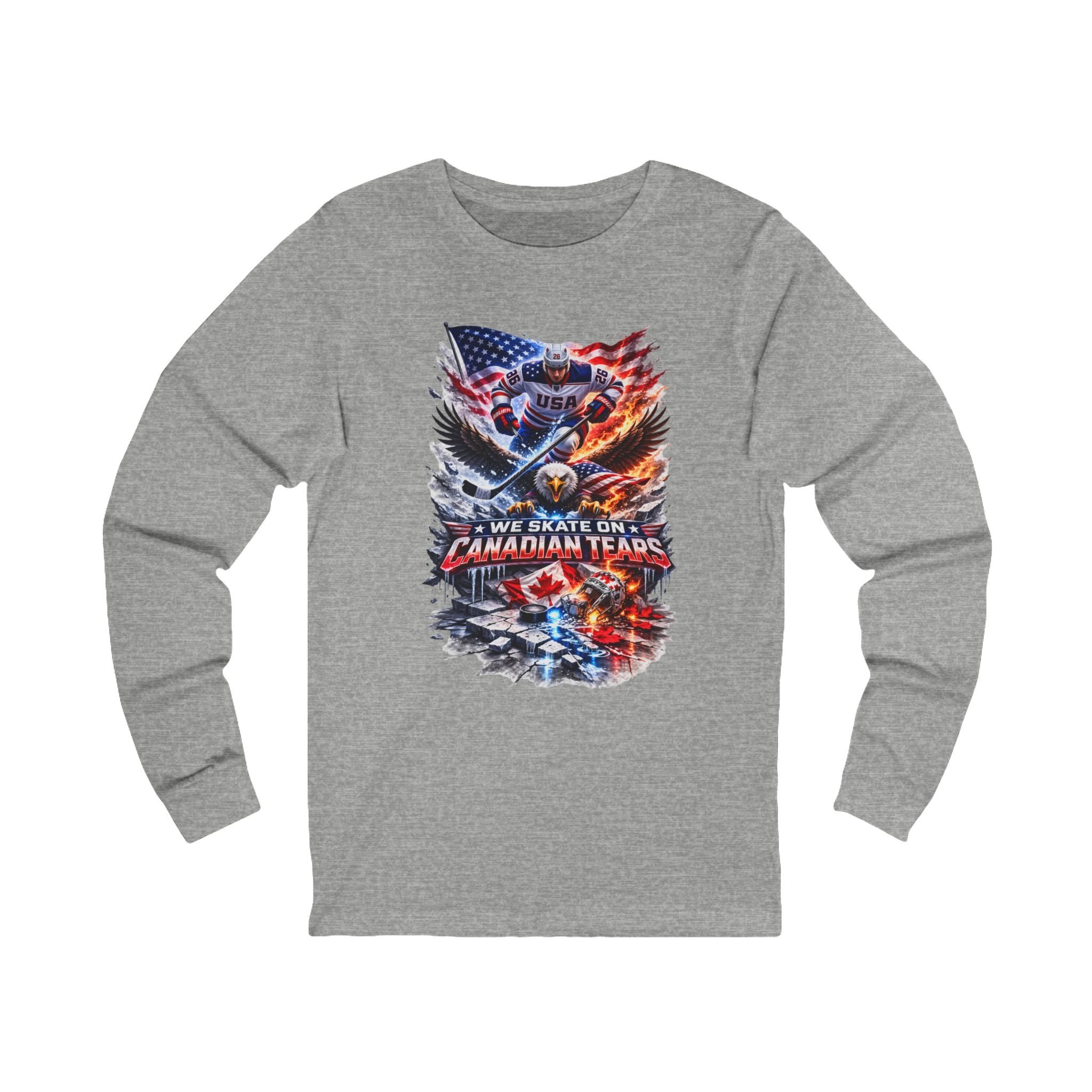 Hockey Player USA Flag Long Sleeve Tee – “We Skate On Canadian Tears” Patriotic Hockey Shirt