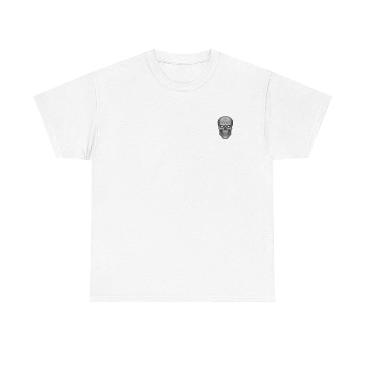 White T-shirt with small skull and sword design symbolizing honor, strength, and courage