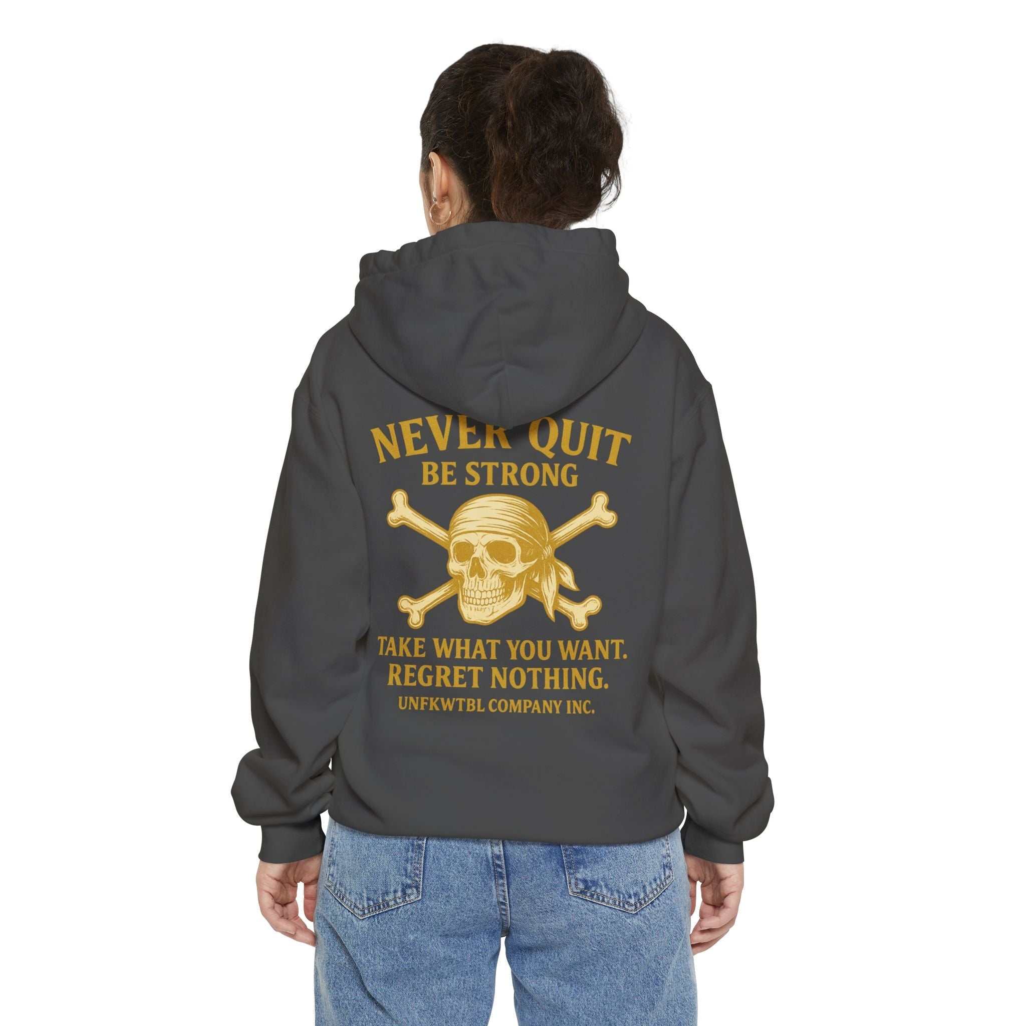 Unisex garment-dyed hoodie with Never Quit skull design and adjustable hood
