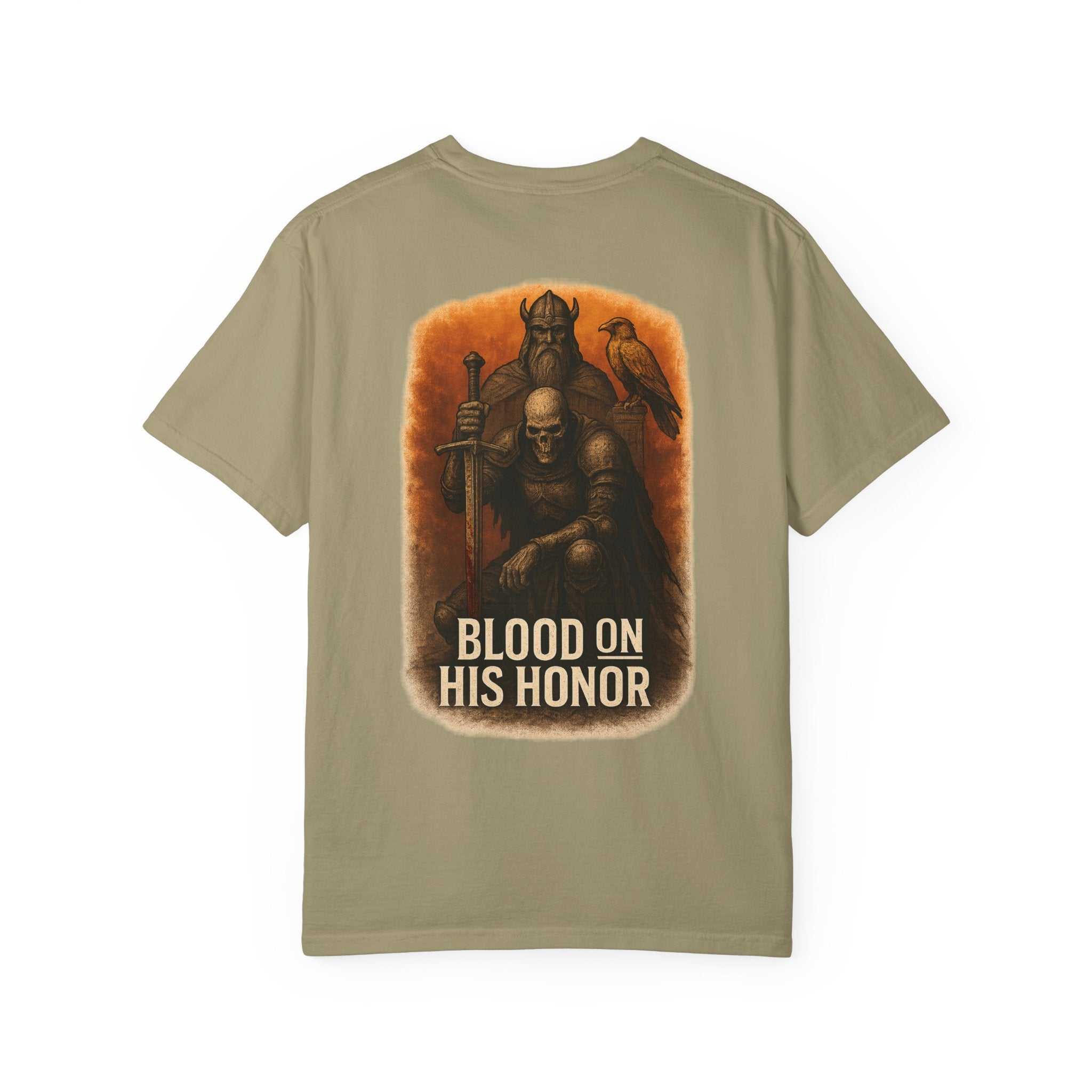Blood On His Honor unisex garment-dyed T-shirt with bold blood design for gothic and horror fashion fans