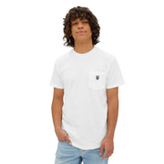White pocket t-shirt with small skeleton gangster design on chest pocket, casual streetwear style