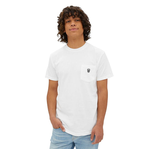 White pocket t-shirt with small skeleton gangster design on chest pocket, casual streetwear style