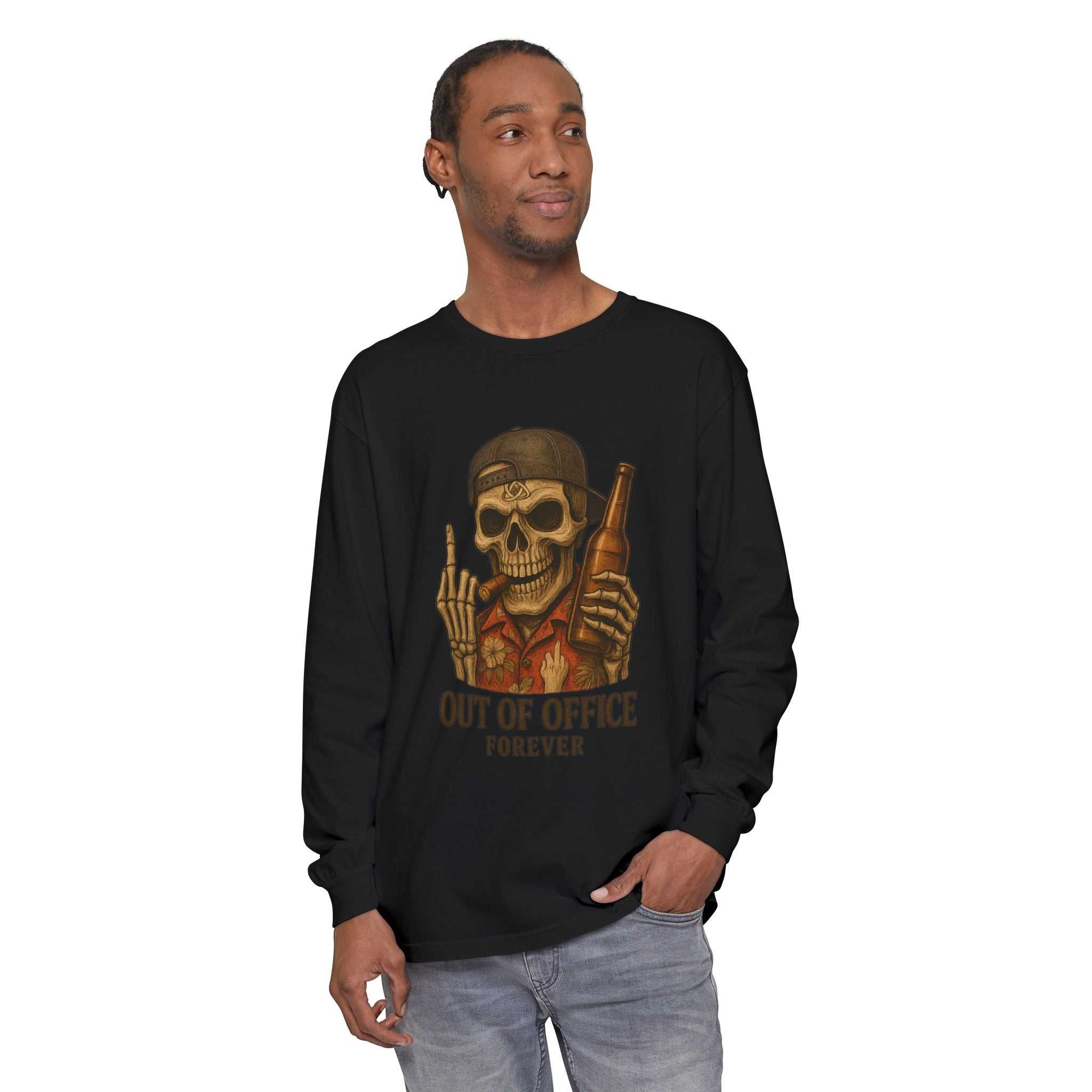 Long Sleeve T-Shirt with "Out of Office Forever" skull and beer graphic, soft garment-dyed cotton, ribbed cuffs, classic fit