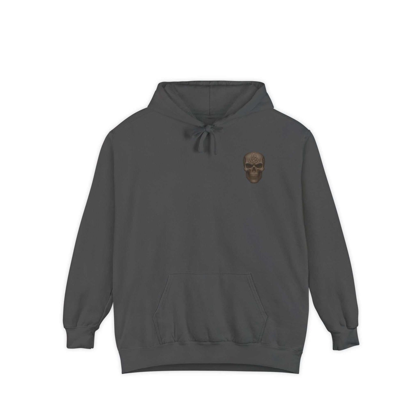 Unisex dark gray garment-dyed hoodie with skull design, cotton-polyester blend, relaxed fit, and front pouch pocket