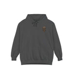 Unisex dark gray garment-dyed hoodie with skull design, cotton-polyester blend, relaxed fit, and front pouch pocket
